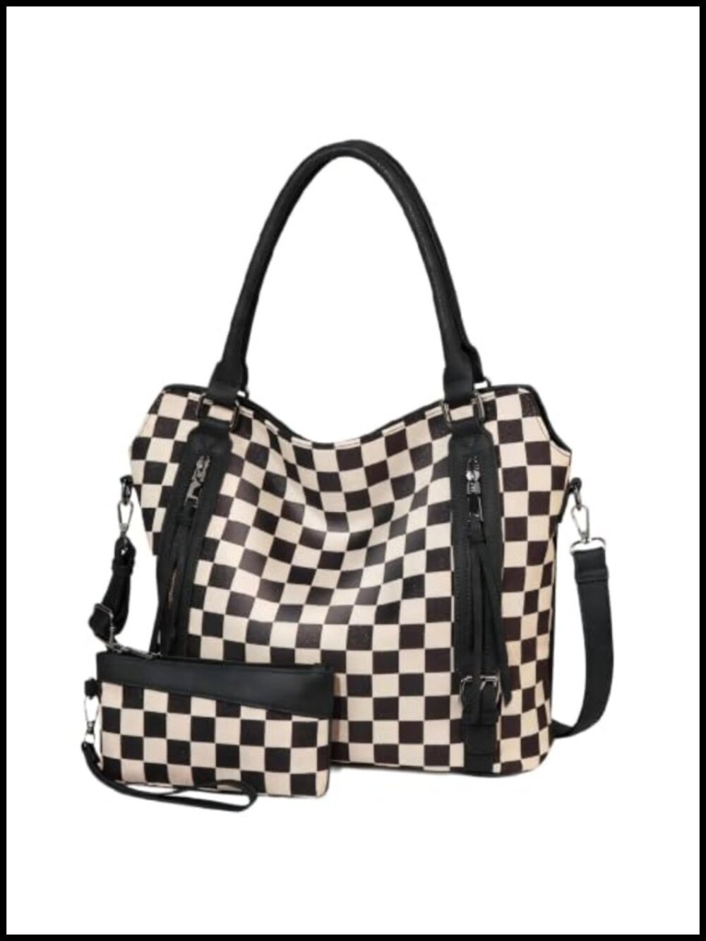Women's Vegan Leather Tote & Wallet Set Checkered Shoulder Handbag